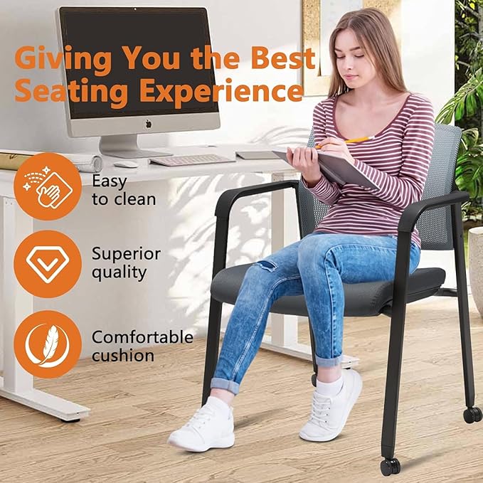 CLATINA Mesh Back Stacking Arm Chairs with Upholstered Fabric Seat and Ergonomic Lumbar Support for Office School Church Guest Reception (WithWheels Gray- 8 Pack)