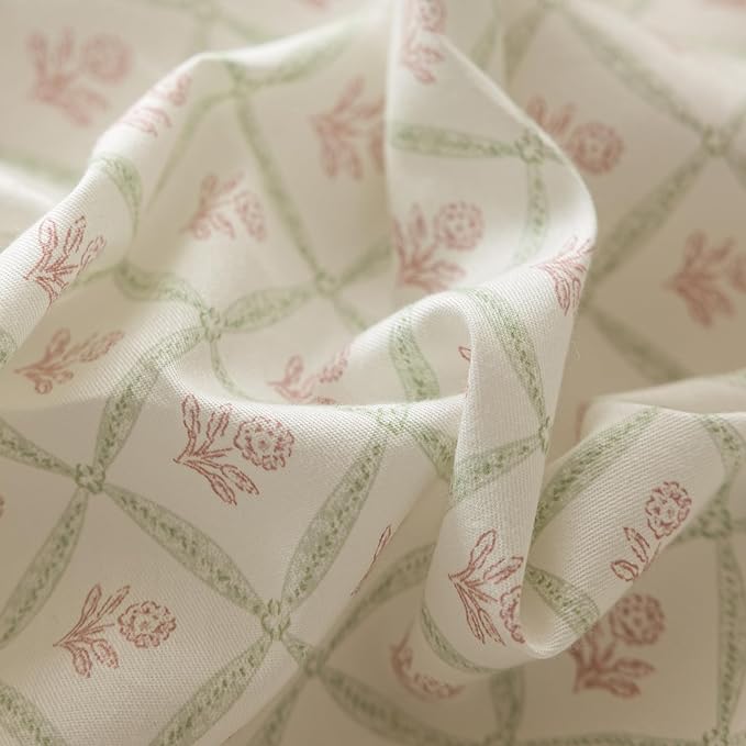 Pink Flower Duvet Cover Full Size Vintage Country Style Red Floral Comforter Cover Green Grid Plaid Duvet Cover with 2 Bow Ties Pillowcases Cotton Girls Floral Bedding Quilt Cover with Zipper Closure