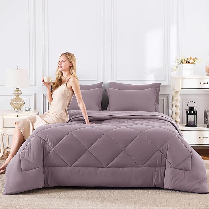 CozyLux King Size Comforter Set Dusty Purple - 7 Pieces Bed in a Bag King, Soft Bed Set for All Seasons, Bedding Set with Down Alternative Comforter, Sheets, Pillowcases & Shams, Grayish Purple