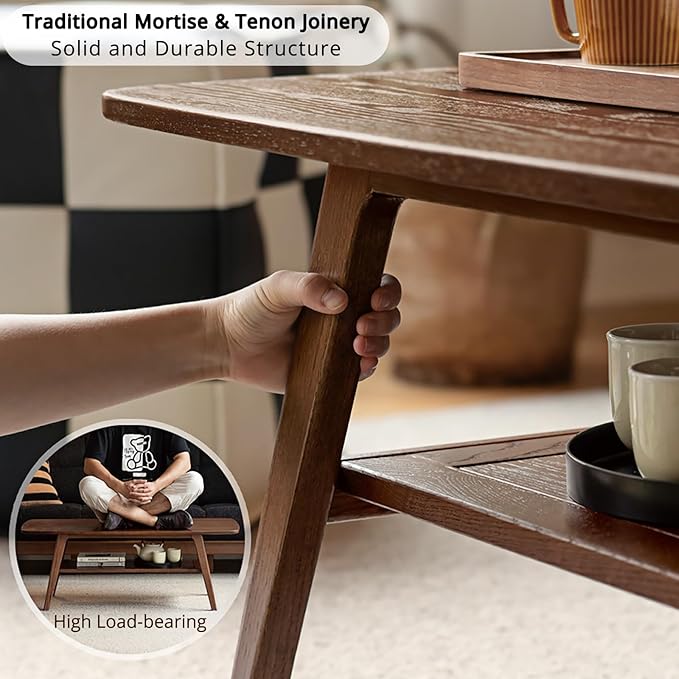 Wood Coffee Table - 100% Solid Oak Wood- 2-Tier Coffee Table with Storage for Living Room, Eco-Friendly Finish, Easy Assembly (Walnut, 47.24" D x 22.04" W x 17.32" H)
