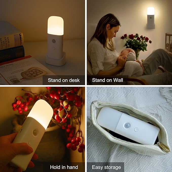 Rechargeable Motion Sensor Night Light, Battery Operated nightlights, Dimmable Motion Sensor Light Indoor, Cordless Motion Activated Night Lights for Adults, Bathroom, Bedroom, Hallway(2Pack)