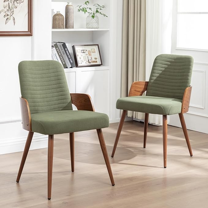 Dining Room Chairs Set of 2,Mid Century Modern Kitchen Chairs,Green Corduroy Fabric Upholstered Accent Chairs,Metal Legs Wooden Desk Chairs,Armless and No Wheels for Kitchen Dining Room