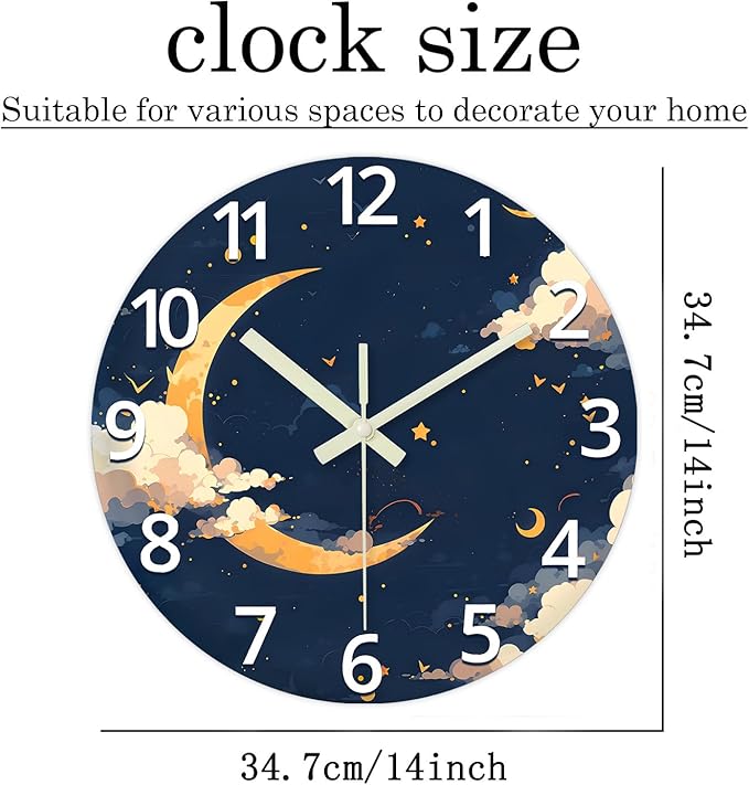 14 Inch Moon Clock for Kids Bedroom Small Glow in The Dark Wall Clock Battery Operated Analog Silent Wall Clock Non Ticking