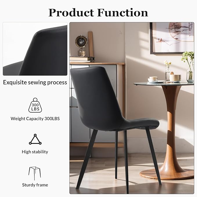 Dining Chairs, Modern PU Leather Dining Room Chair with Sturdy Metal Legs, Upholstered Seat Dinner Chairs Accent Side Chairs for Indoor Kitchen Living Room (Black, Set of 6)