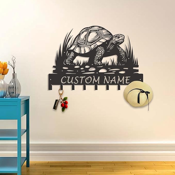 Custom Tortoise Metal Key Holder for Wall, Personalized Family Name Metal Sign with Hooks, Entryway Coat Rack and Organizer for Keys, Leashes, Hats (Style-4)