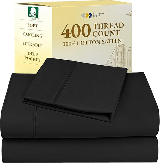 California Design Den Twin XL Sheet Sets - 400 Thread Count Sateen, 100% Cotton Sheets Set, Deep Pockets, Cooling and Durable Bedding for Dorm Rooms & Adults - Black