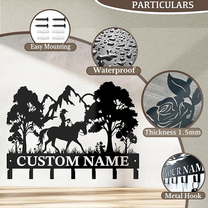 Custom Horse Key Hook - Personalized Forged Iron Wall Keys Holder with Equestrian Design, Black Metal Home Decor for Horse Theme Lovers (Style A)
