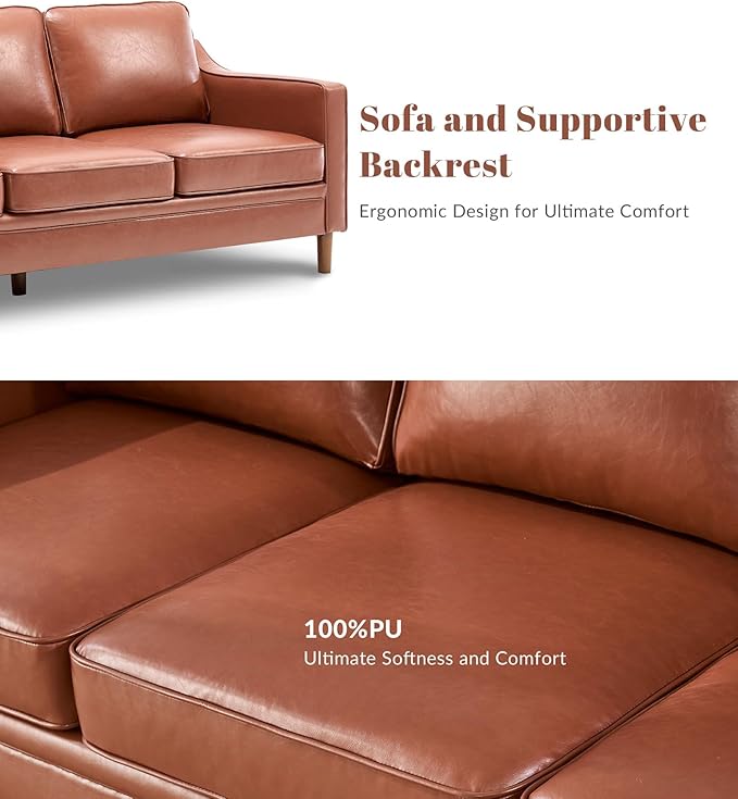 Kingfun Living Room Furniture Sets, Armchair and 2 Loveseat, Mid Century Modern Sofa Set, Faux Leather Couch with Solid Wood Frame for Living Room & Bedroom, Dark Brown