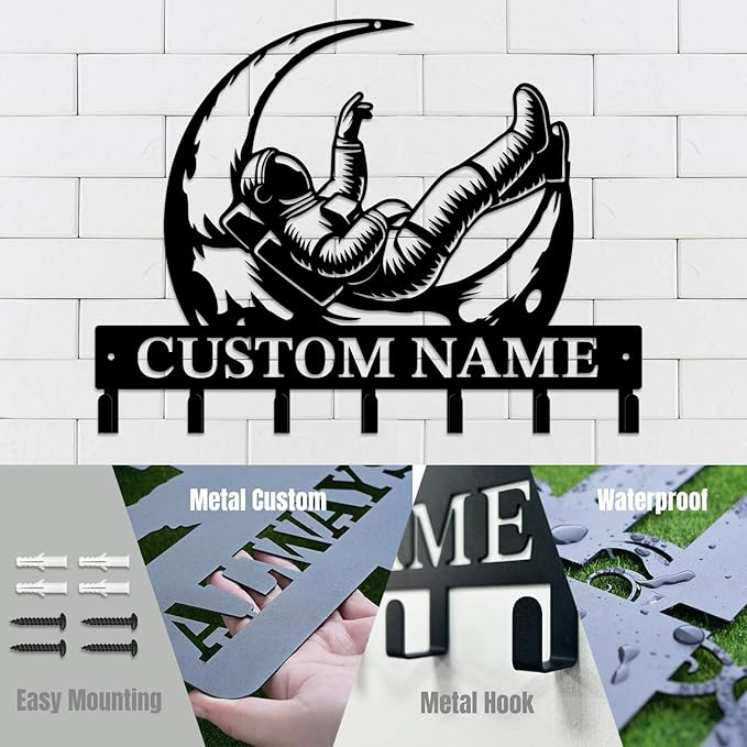 Personalized Custom Astronaut UFO Metal Wall Keys Hooks,Clothes Hooks Astronaut Art coat racks,door holder,Black Astronaut decorations for home,Entrance doors,Hallway, Bedroom,Keys,Hats (Style C)