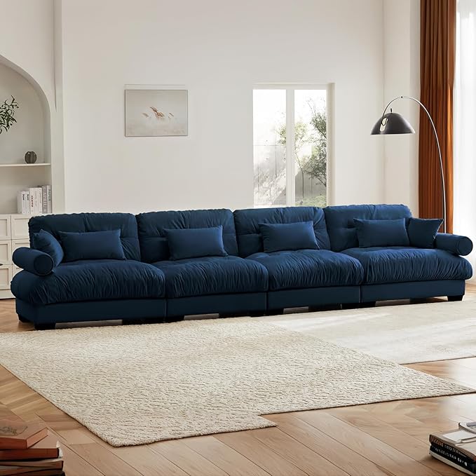 166" Oversized 4 Seater Modular Sectional Sofa, Blue Large Sectional Couch for Living Room, Velvet Cloud Couch with 6 Pillows, Deep Seat Sofa