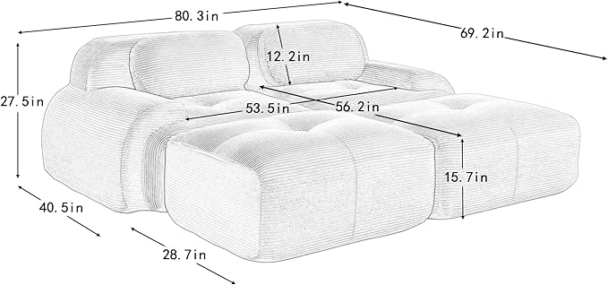 80" Modern Corduroy Boneless Love Seat Couches with 2 Ottomans, 2 Seater Large Sectional Couches for Living Room, Green Cloud Modular Sectional Sofa, Memory Foam, Extra Deep Loveseat, No Assembly
