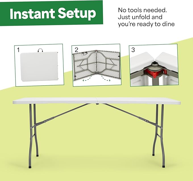 EconoHome White 8ft Folding Table with Handle | Heavy-Duty Foldable Table | Portable Table for Indoor & Outdoor Use | Perfect for Events, Camping, Parties, Dining & More