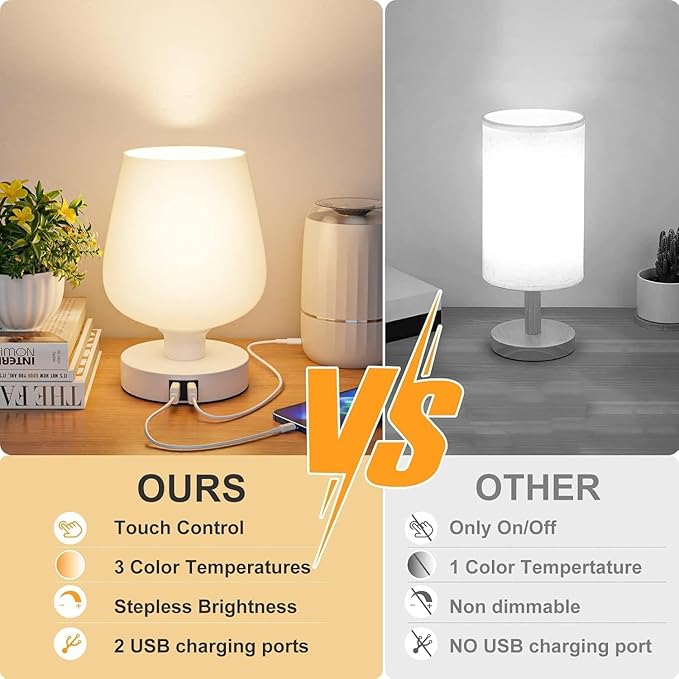 Touch Bedside Table Lamp with 2 USB Ports - 3 Way Dimmable Modern Small Lamps for Bedroom Living Room Nightstand, Desk Lamps with White Opal Glass Lamp Shade, Warm LED Bulb, Bulb Included