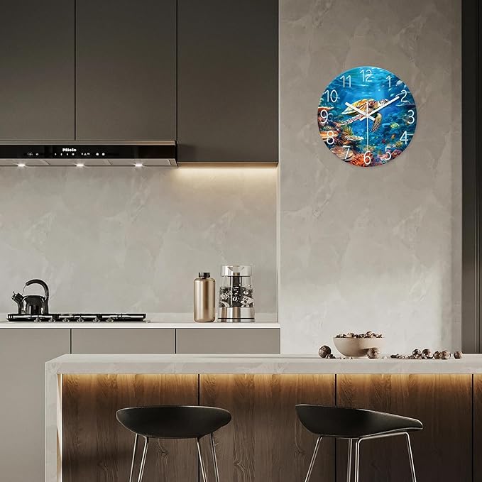 XNM Blue Sea Turtle Glass Clocks for Living Room Decor Ocean Large Wall Clocks Battery Operated 16 Inch Silent Wall Clock Modern