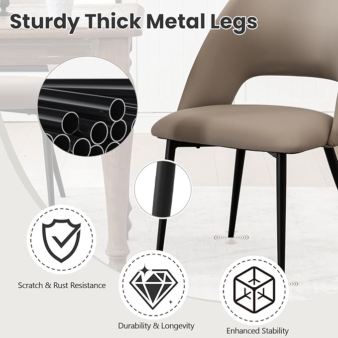 Rowill Dining Chairs Set of 2 Upholstered Dining Room Chairs Mid Century Modern Dining Chairs Faux Leather Kitchen Chairs Accent Chair with Metal Legs for Living Room Bedroom, Khaki