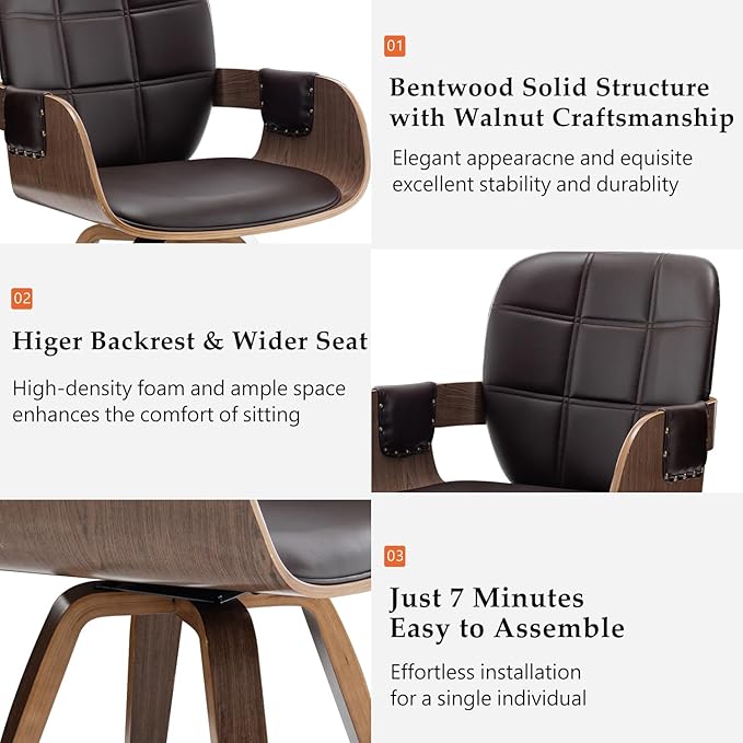 Set of 4 Swivel Walnut Dining Chairs - Mid Century Dining Chairs with Arm and Curved Back, Walnut Craftsmanship, Bentwood Structure, Perfect for Living Room/Reception/Restaurant/Kitchen (Coffee Brown)