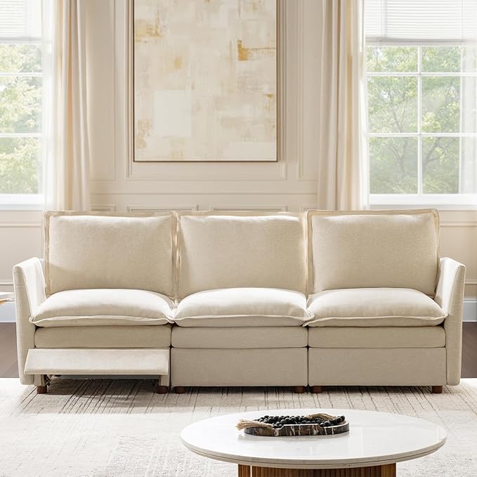 HULALA HOME 98'' Power Recliner Sofa with Dual-Layered Cushions, Oversized Modular Sectional Sofa with Storage Ottoman, Modern 3 Seater Cloud Couch for Living Room, Beige