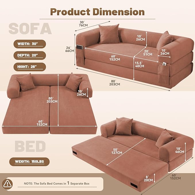 Convertible Folding Sofa Bed,80" Pull Out Couch with Pillows & Storage Pocket,Modular Futon Bed Corduroy Queen Sleeper Sofa in a Box,Compression Boneless Couch for Living Room,Pink