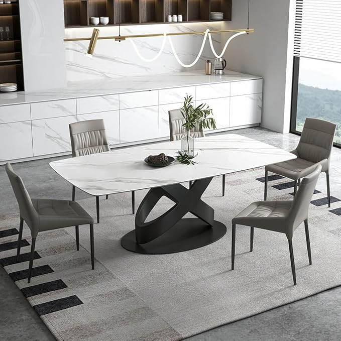 POVISON 63" Modern Dining Table for 4-6 People, Matte White Dining Room Table, Sintered Stone Dinner Tabletop with X-Shape Carbon Steel Pedestal, Rectangle Table for Kitchen Living Room(Table Only)