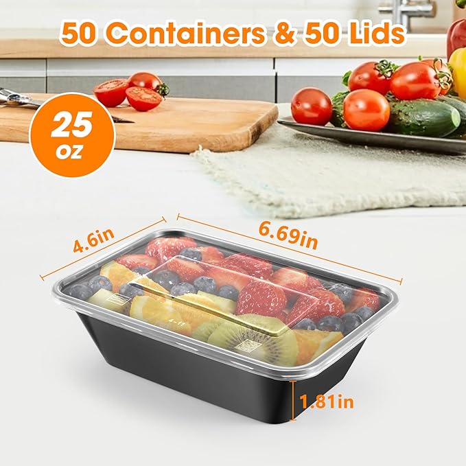 50 pack (100 pieces) 25oz meal prep containers, reusable, easy to open with lid, food safe, suitable for microwave ovens, refrigerators and dishwashers, plastic food storage trays
