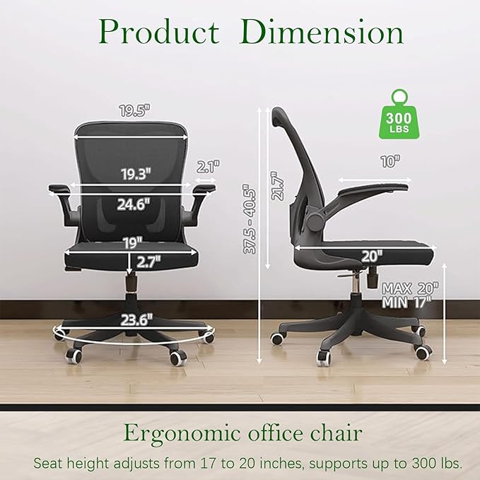 Office Chair,Ergonomic Comfy Home Desk Chair with 350LBS Capacity,High Back Gaming Chair with Wheels,Mesh Computer Chair,Lumbar Support, Adjustable Headrest,Flip-up Armrest (07Black)