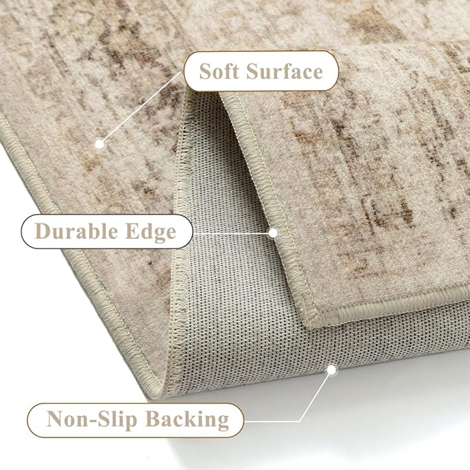 Beige 2x6 Runner Rug Hallway Non Slip Kitchen Vintage Distressed Long Carpet Indoor Machine Washable Traditional Floral Bedroom Accent Throw Rug for Office Laundry Bathroom Dining Living Room