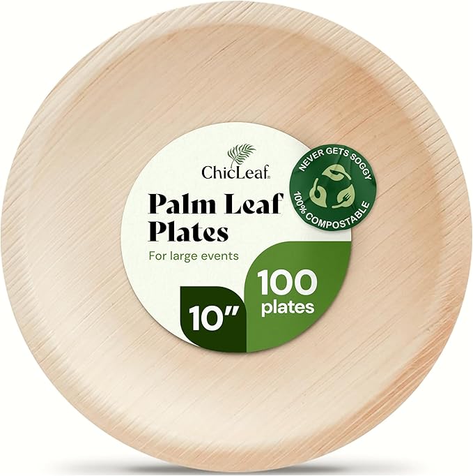 Chic Leaf Round Palm Leaf Plates - 10", Pack of 100 - Durable Party Pack - Cristmas Dinner Eco Friendly Party Supply & Wedding Plates - For Charcuterie Board Accessories, Turkey Holiday Food