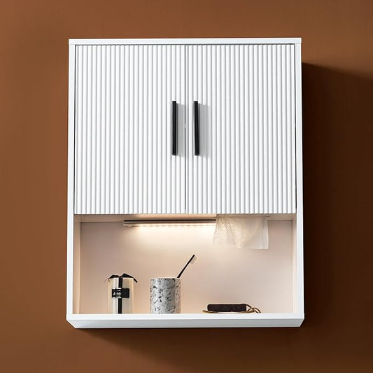 Fluted Bathroom Wall Cabinet with DIY LED Light, Wooden Medicine Cabinet with Tissue Hole, Monuted Wall Cabinet with DTC Hinge (Silent Buffering), Over Toilet Storage Cabinet- Modern White
