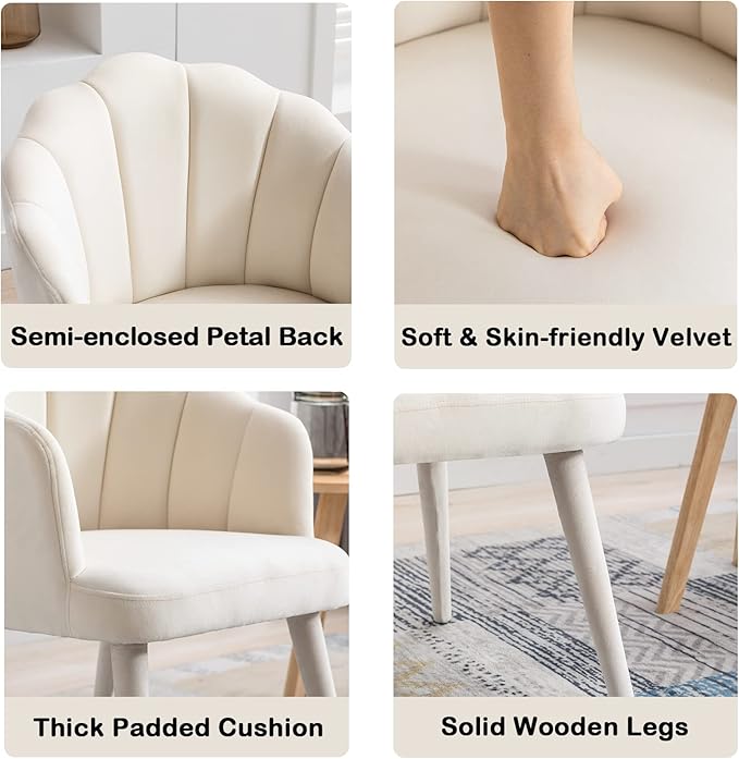 Velvet Dining Chairs Set of 4 Modern Living Room Chairs with Petal Back & Wood Legs Comfy Upholstered Side Chair for Dining Room/Bedroom/Vanity, Cream