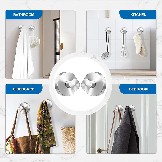 Suction Cup Hooks for Shower Towels Robes, Heavy Duty Bathroom Shower Hooks Stainless Steel, No Drill on Smooth Wall,Glass,Mirror, Tile in Bedroom Kitchen to Hang Swimsuit Washcloths (4, Silver)