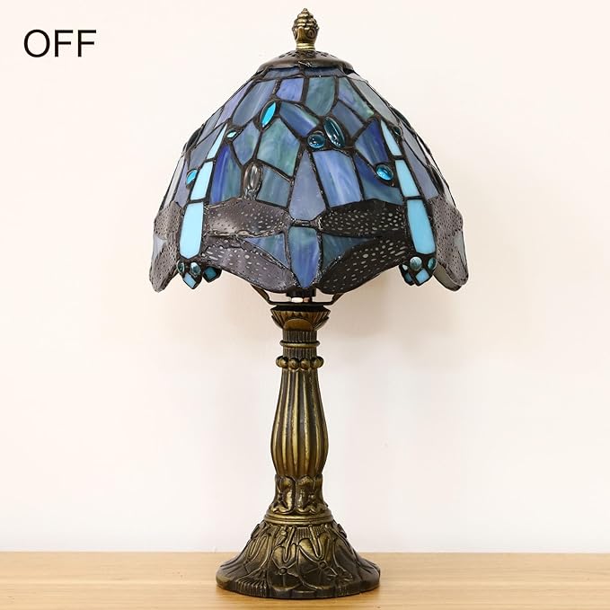 Tiffany Small Table Lamp,Blue Dragonfly Stained Glass 3 Color Temperature Antique Table Lamps,Bedside Nightstand Lamp for Bedroom,Living Room,Home Office+LED Bulb,8X8X15Inch
