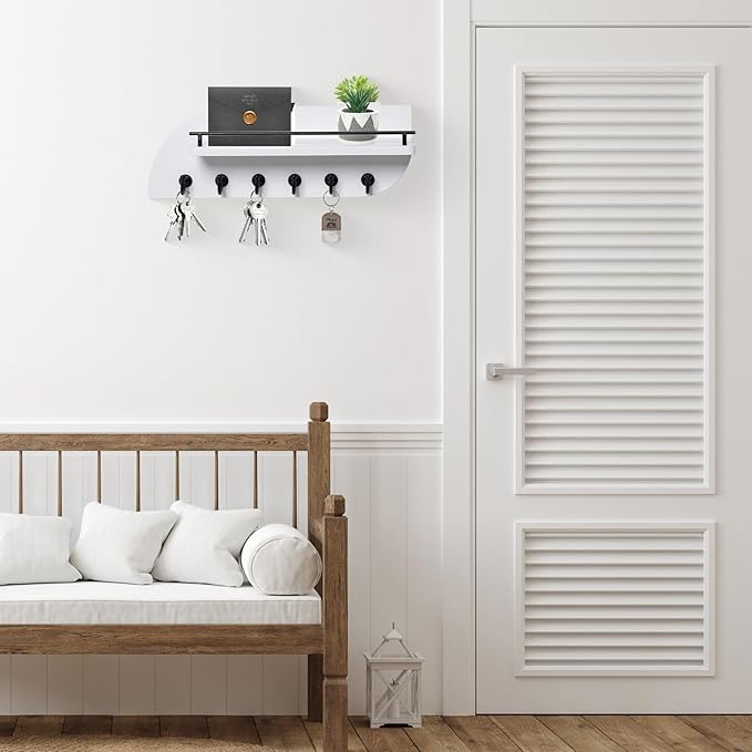 Key Holder for Wall, Decorative Key and Mail Organizer with 6 Sturdy Metal Hooks and Floating Shelf, 14 Inches Wood Wall Mounted Key Rack for Entryway, White and Black