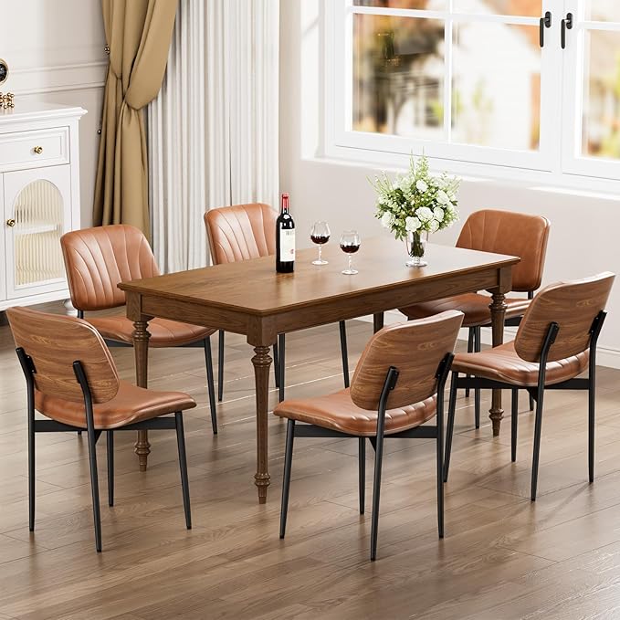 Dining Chairs Set of 2, Dining Room and Kitchen Chairs, Mid Century Modern Accent Chair, Upholstered PU Leather Chairs for Vanity with Walnut Bentwood and Metal Legs, Light Tan