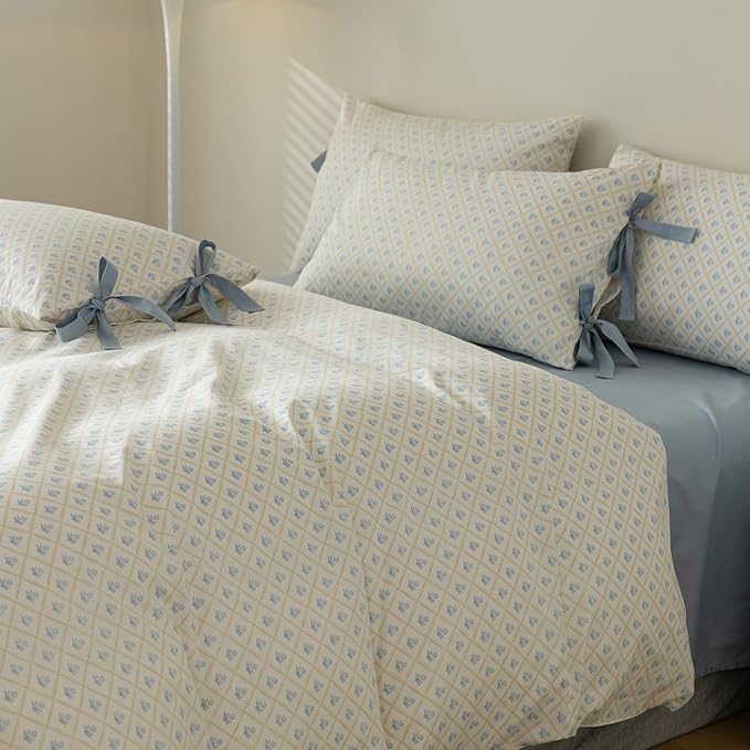 Blue Floral Duvet Cover Twin XL Garden Style Soft Cotton Floral Bedding Comforter Cover Plaid Grid Design Vintage Blue Flower Duvet Cover with 2 Bowknot Pillowcases Botanical Cottagecore Bedding Sets