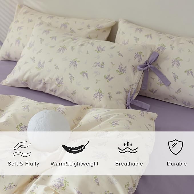 EAVD Garden Lavender Floral Comforter Set Queen White Fluffy Microfiber Chic Shabby Purple Floral Bedding Set 1 Queen Bed Comforter and 2 Pillowcases Fresh Botanical Comforter Set for All-Season