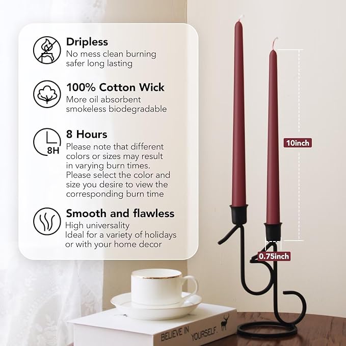 New Burning Formula Unscented Dripless 10-Inch Taper Candles Set of 12 - Dark Red, for Wedding, Dinner - Smokeless, Long Burning - Hand Poured, Colored Tall Candlesticks - Rojo Oscuro