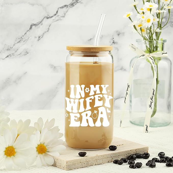 New Wifey Gifts, Bride Wedding Gift, Bridal Shower Gifts, Newlywed Present for Friend, Bride to Be Gift Idea, In My Wifey Era Ice Coffee Cup, Newly Married, Wife Present, 16OZ Glass Cup w/ Lid & Straw