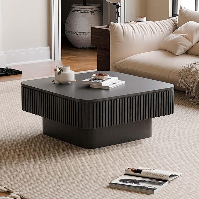 31.5'' Small Square Coffee Table with Storage, Fluted Coffee Table with Solid Wood Veneered, Mid Century Modern Wooden Center Table, Accent Tea Table for Small Space Living Room Apartment, Black
