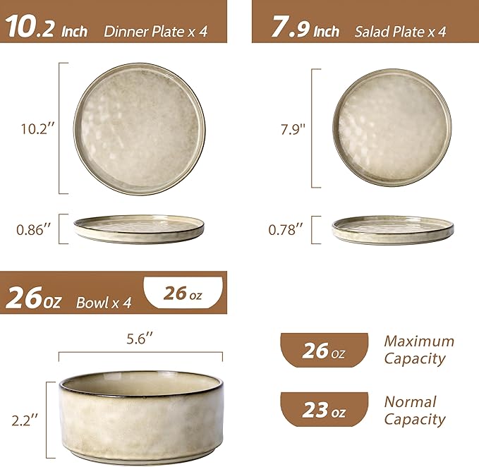 LIANYU Dinnerware Set for 4, 12 Piece Plates and Bowls Ceramic Dish Set, Includes Dinner Salad Plates, Cereal Bowls, Microwave & Dishwasher Safe, Sandy Beige