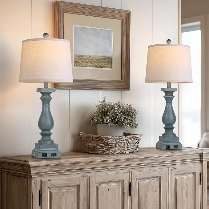 28" Tall Farmhouse Table Lamps Set of 2 with USB C+A Ports and AC Outlet, 3 Way Touch Control Rustic Bedside Lamp for Bedroom, Blue Vintage Nightstand Lamp for Living Room Office