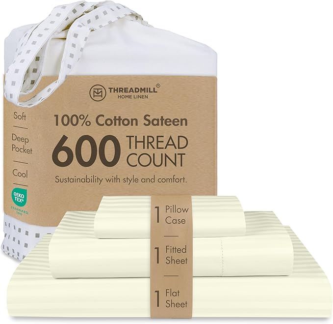 Threadmill 100% Cotton Sheets for Twin XL Size Bed - 600 Thread Count Twin XL Bed Sheets Set with 15” Deep Pocket - Damask Stripe Sateen Weave 3-Piece Bedding Set with Cooling Effect, Ivory
