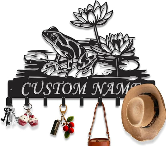 Custom Frog Key Holder for Wall Entryway, Personalized Metal Name Sign with Hooks Coat Rack & Dog Leash Holder, Decorative Wall Hanger Organizer (Style-2)