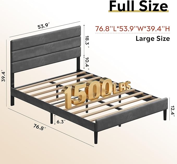WLIVE Full Size Upholstered Bed Frame, Velvet Square Tufted Headboard,Sturdy Metal & Wooden Slats Support, No Box Spring Needed, Light Grey