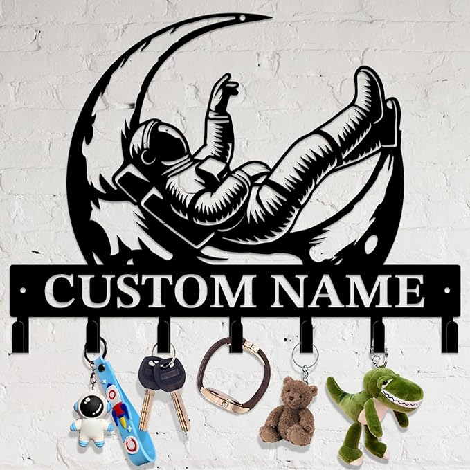 Personalized Custom Astronaut UFO Metal Wall Keys Hooks,Clothes Hooks Astronaut Art coat racks,door holder,Black Astronaut decorations for home,Entrance doors,Hallway, Bedroom,Keys,Hats (Style C)
