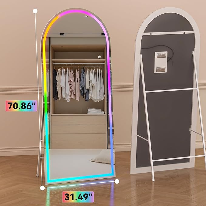 Hasipu 70.8" x 31.4" Arch LED RGB Bluetooth Full Length Mirror with Stand ＆ 7 Color Lighting Modes, Full Body Mirror with White Frame for Bedroom, Living Room, Dressing Room