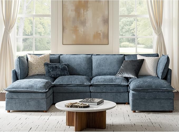 HULALA HOME 128'' Oversized Modular Sectional Sofa with Dual-Layered Cushions, U Shaped 6 Seater Couch with Storage Ottoman and Removable Cover, Modern Deep Seat Cloud Couch for Living Room, Blue