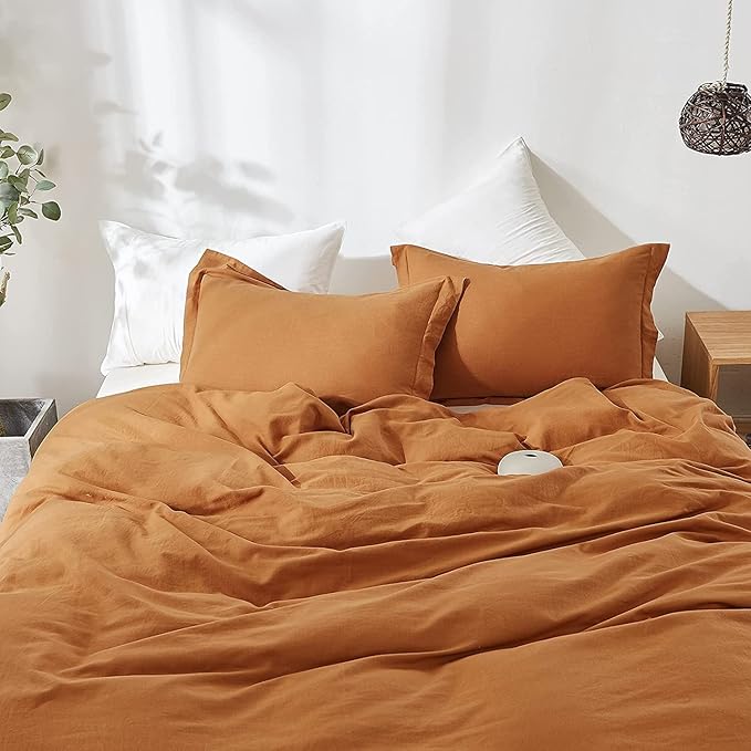 Simple&Opulence French Linen Duvet Cover Set 88" x 92"- 5 Pieces (1 Comforter Cover,4 Pillowcases)- Natural Flax Cotton Blend-Solid Color Breathable Farmhouse Bedding-Rust, Queen