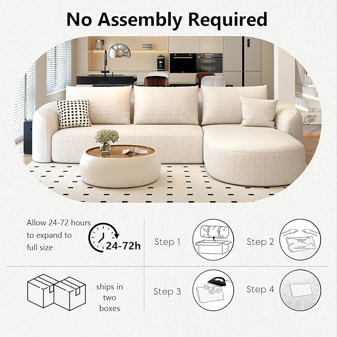 111" Modular Sectional Couches Luxury Modern Curved Back Sofa,Minimalist Comfy L-Shape Boneless Cloud Couch for Living Room Apartment,(Right Facing Chaise,White)
