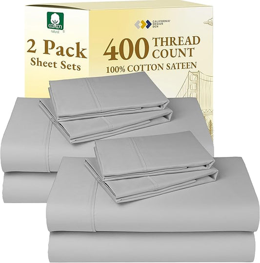 California Design Den 2-Pack King Sheet Set 400 Thread Count 100% Cotton Sateen - Extra Soft, Breathable & Cooling Sheets, Wrinkle Resistant, 2 Sets of Deep Pocket King Sheet Set Cotton - Light Grey
