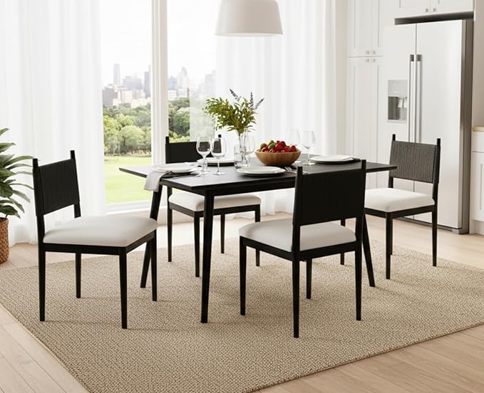 CIMOTA Dining Chairs Set of 4, Mid Century Modern Upholstered Dining Room Chairs with Woven Back, Armless Kitchen Chairs with Black Solid Wood Legs,Linen Beige, 4PCS